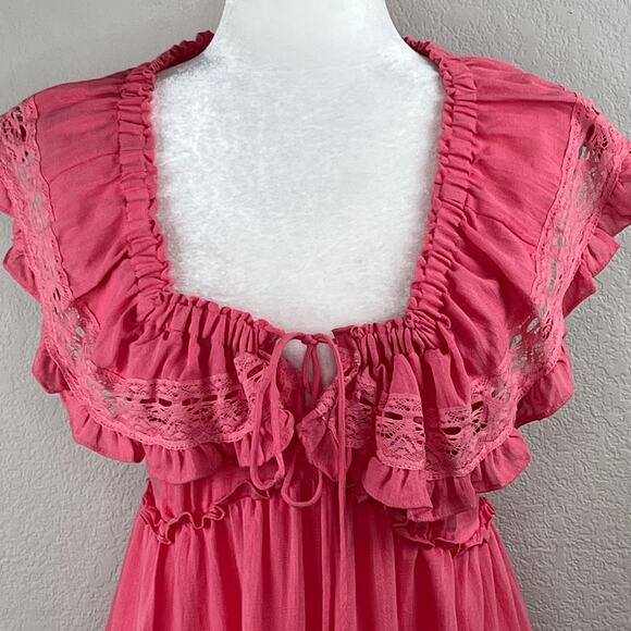 Lush Pink Blossom Lace Tie Back Square Neck Tiered Sleeveless Mini Dress SM NWT - Picture 5 of 12